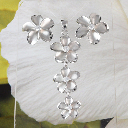Gorgeous Hawaiian Large 3 Plumeria Necklace and Earring, Past Present & Future, Sterling Silver 3 Plumeria Flower CZ Pendant N6138S Mom Gift - Hawaii Treasures Shop