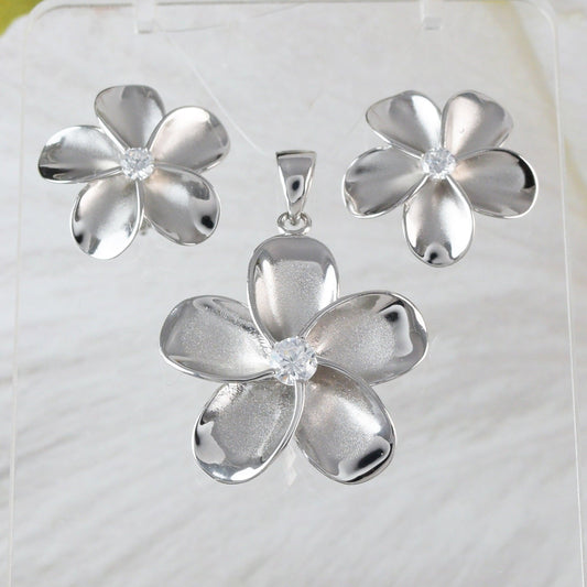 Beautiful Hawaiian Large Plumeria Earring and Necklace, Sterling Silver Plumeria Flower CZ Pendant, N6002 Birthday Christmas Wife Mom Gift - Hawaii Treasures Shop