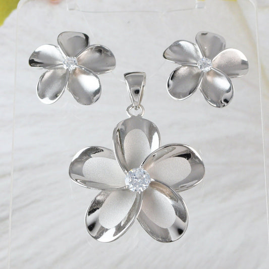 Gorgeous Hawaiian Large Plumeria Earring and Necklace, Sterling Silver Plumeria Flower CZ Pendant N6003 Birthday Mother Mom Gift - Hawaii Treasures Shop