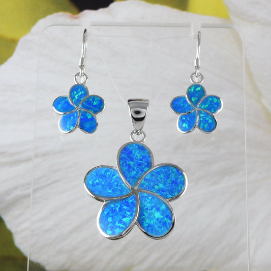 Gorgeous Hawaiian Large Blue Opal Plumeria Earring and Necklace, Sterling Silver Blue Opal Plumeria Flower Pendant, N6008 Birthday Mom Gift - Hawaii Treasures Shop
