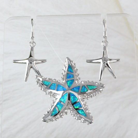 Beautiful Hawaiian Large Blue Opal Starfish Earring and Necklace, Sterling Silver Blue Opal Starfish Pendant, N6016 Birthday Mom Gift - Hawaii Treasures Shop