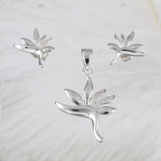 Unique Hawaiian Bird of Paradise Necklace and Earring, Sterling Silver Bird of Paradise Flower Pendant, N2005S Birthday Mother Mom Gift - Hawaii Treasures Shop