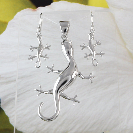 Stunning Hawaiian X-Large Gecko Necklace and Earring, Sterling Silver Gecko Pendant, N6120S Birthday Mother Wife Mom Gift, Statement PC - Hawaii Treasures Shop