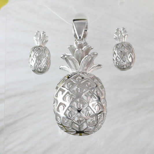 Gorgeous X-Large Hawaiian 3D Pineapple Necklace and Earring, Sterling Silver Pineapple Pendant, N6132S Birthday Wife Mom Mother Gift - Hawaii Treasures Shop