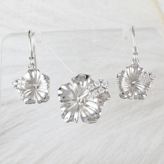 Pretty Hawaiian Hibiscus Necklace and Earring, Official Hawaii State Flower, Sterling Silver Hibiscus CZ Pendant, N6133S Birthday Mom Gift - Hawaii Treasures Shop