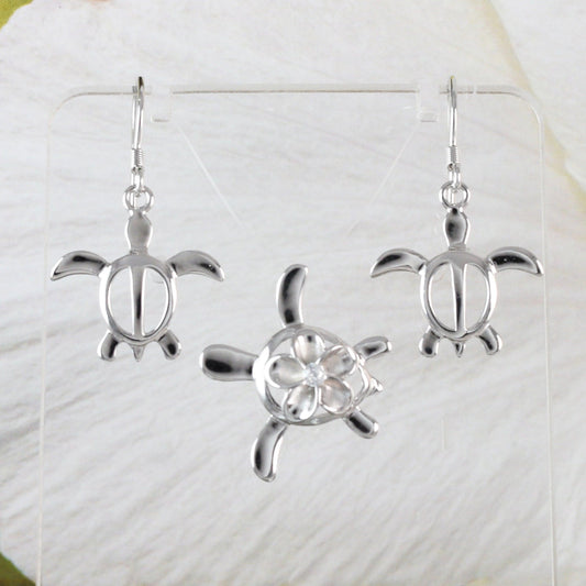 Beautiful Hawaiian Sea Turtle Plumeria Necklace and Earring, Sterling Silver Turtle Plumeria CZ Pendant, N6141S Birthday Mother Mom Gift - Hawaii Treasures Shop