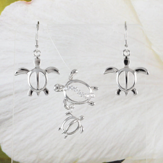 Pretty Hawaiian Mom & Baby Sea Turtle Necklace and Earring, Sterling Silver Turtle CZ Pendant N6143S Birthday Mother Wife Mom Gift - Hawaii Treasures Shop