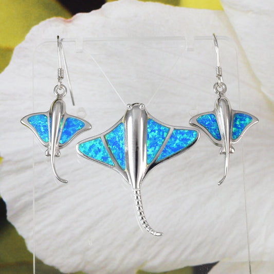 Stunning Hawaiian Large Blue Opal Stingray Earring and Necklace, Sterling Silver Blue Opal Sting Ray Pendant, N6153 Birthday Mother Mom Gift - Hawaii Treasures Shop