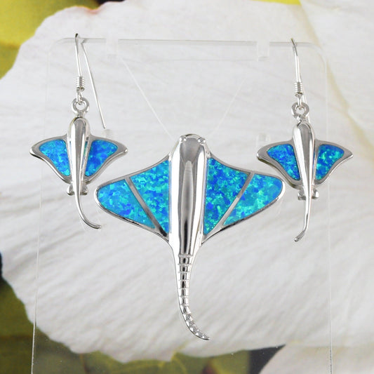 Unique Gorgeous Hawaiian Large Blue Opal Stingray Earring and Necklace, Sterling Silver Opal Sting Ray Pendant, N6154 Birthday Mother Gift - Hawaii Treasures Shop