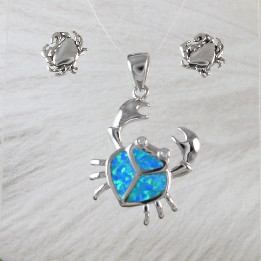 Unique Gorgeous Hawaiian Blue Opal Crab Earring and Necklace, Sterling Silver Blue Opal Crab CZ Eye Pendant, N6163S1 Birthday Mother Gift - Hawaii Treasures Shop