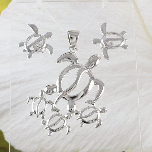 Unique X-Large Mom & 3 Baby Sea Turtle Earring and Necklace, Sterling Silver Hawaiian Turtle Family Pendant, N6170S Birthday Wife Mom Gift - Hawaii Treasures Shop