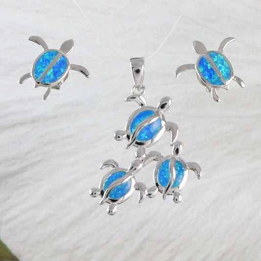 Beautiful Hawaiian Mom & 2 Baby Sea Turtle Earring and Necklace, Sterling Silver Blue Opal Turtle Family Pendant N6173S Birthday Mom Gift - Hawaii Treasures Shop