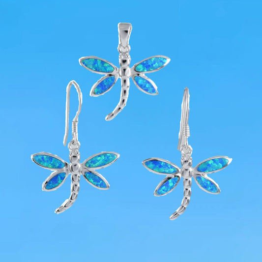 Beautiful Hawaiian Blue Opal Dragonfly Necklace and Earring, Sterling Silver Opal Dragonfly Pendant, N6146S Birthday Mother Wife Mom Gift - Hawaii Treasures Shop
