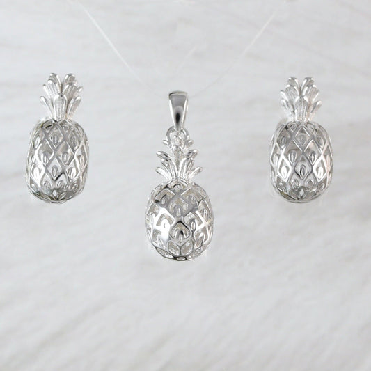 Lovely Hawaiian 3D Pineapple Necklace and Earring, Sterling Silver 3D Pineapple Pendant, N2003S Birthday Mother Wife Mom Gift - Hawaii Treasures Shop