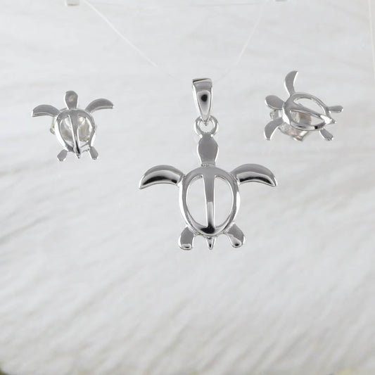 Pretty Hawaiian Sea Turtle Necklace and Earring, Sterling Silver Turtle Petroglyph Charm Pendant, N2004S Birthday Mother Wife Mom Gift - Hawaii Treasures Shop