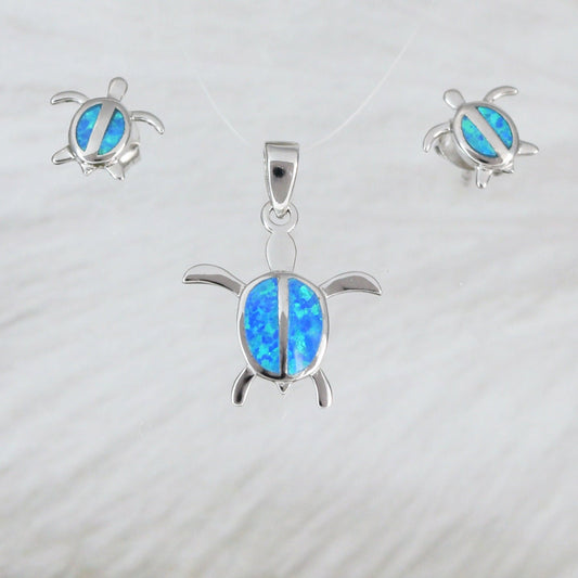 Pretty Hawaiian Opal Sea Turtle Necklace and Earring, Sterling Silver Blue Opal Turtle Charm Pendant, N2012S Birthday Mother Mom Gift - Hawaii Treasures Shop