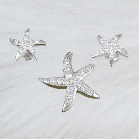 Beautiful Hawaiian Starfish Necklace and Earring, Sterling Silver Star Fish CZ Pendant, N2029S Birthday Mother Wife Mom Girl Gift - Hawaii Treasures Shop