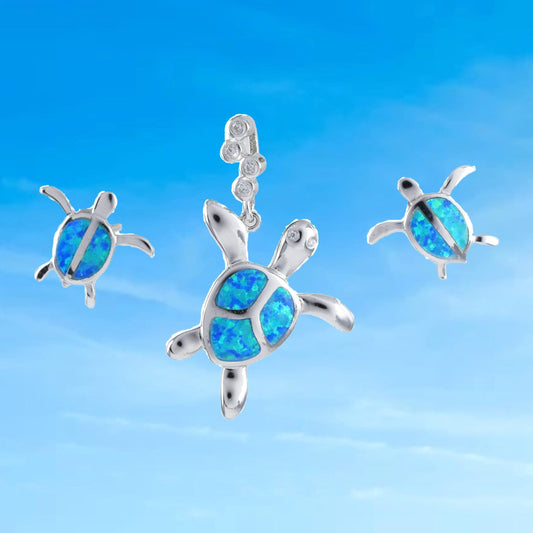 Beautiful Hawaiian Opal Sea Turtle Necklace and Earring, Sterling Silver Blue Opal Turtle CZ Pendant, N6158S Birthday Mother Mom Gift - Hawaii Treasures Shop