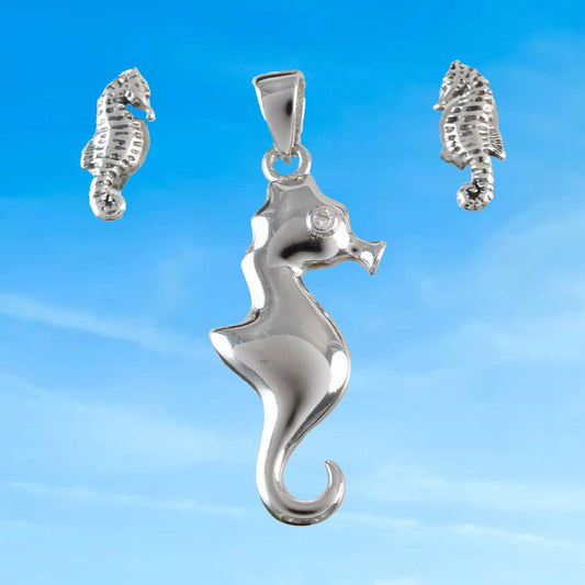 Unique Hawaiian Seahorse Necklace and Earring, Sterling Silver Sea Horse Pendant, N6112S Birthday Mother Wife Mom Gift - Hawaii Treasures Shop