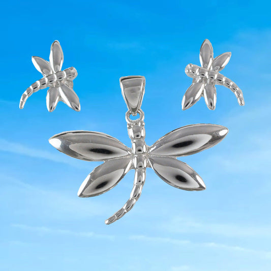 Stunning Large Hawaiian Dragonfly Necklace and Earring, Sterling Silver Dragonfly Pendant, N6116S Birthday Mother Wife Mom Gift - Hawaii Treasures Shop