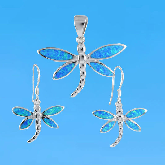 Stunning Hawaiian Large Blue Opal Dragonfly Necklace and Earring, Sterling Silver Opal Dragonfly Pendant N6147S Birthday Mother Mom Gift - Hawaii Treasures Shop