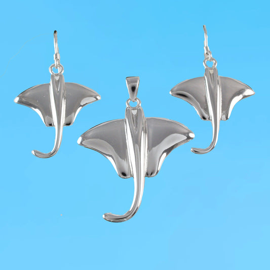 Unique Beautiful Hawaiian Large Stingray Necklace and Earring, Sterling Silver Sting Ray Pendant, N6110S Birthday Mother Mom Gift - Hawaii Treasures Shop