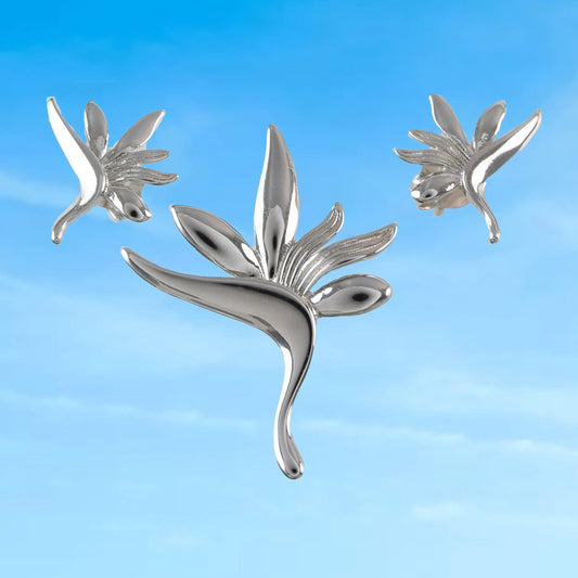 Unique Beautiful Hawaiian Bird of Paradise Necklace and Earring, Sterling Silver Bird of Paradise Pendant, N6113S Birthday Mom Gift - Hawaii Treasures Shop