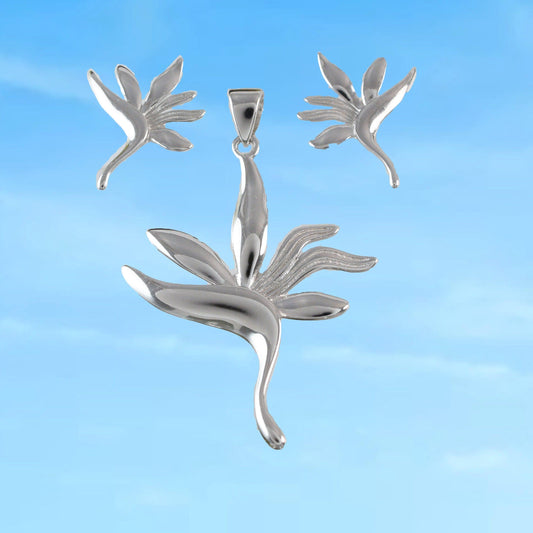 Gorgeous Hawaiian Large Bird of Paradise Necklace and Earring, Sterling Silver Bird of Paradise Pendant, N6114S Birthday Mother Gift - Hawaii Treasures Shop