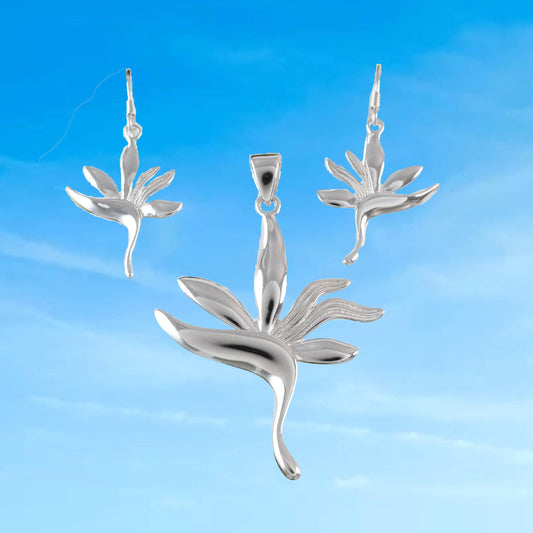 Gorgeous Hawaiian Large Bird of Paradise Necklace and Earring, Sterling Silver Bird of Paradise Pendant, N6114H Birthday Mother Gift - Hawaii Treasures Shop