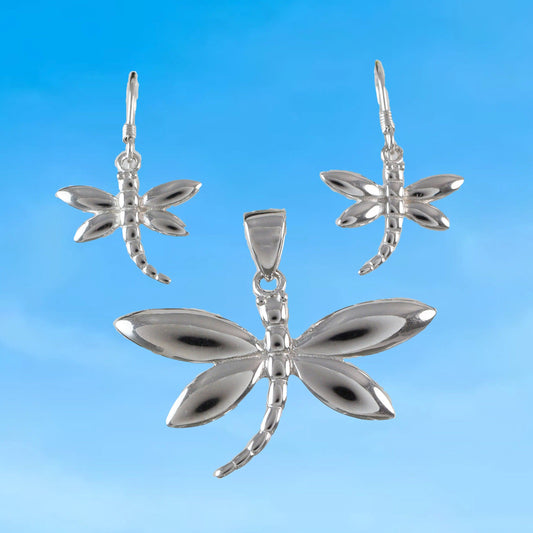 Stunning Large Hawaiian Dragonfly Earring and Necklace, Sterling Silver Dragonfly Pendant, N6116S1 Birthday Mother Wife Mom Gift - Hawaii Treasures Shop