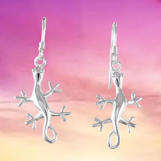 Unique Hawaiian Large Gecko Earring, Sterling Silver Crawling Gecko Dangle Earring, E4118 Birthday Wife Mom Mother Gift, Island Jewelry - Hawaii Treasures Shop