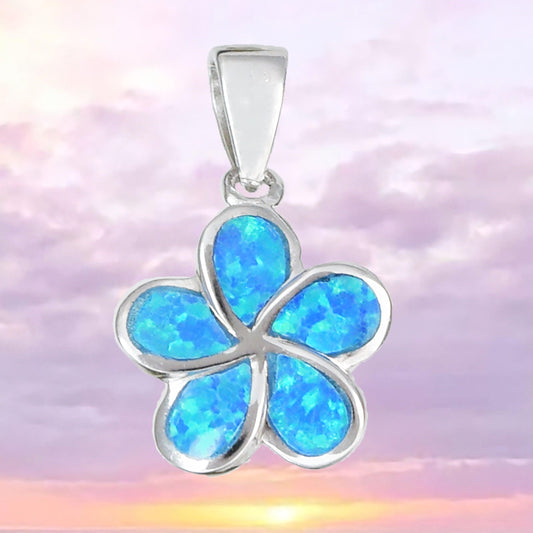 Pretty Hawaiian Blue Opal Plumeria Necklace, Sterling Silver Blue Opal Plumeria Flower Charm Pendant N2018 Birthday Mother Mom Girl Gift - Hawaii Treasures Shop