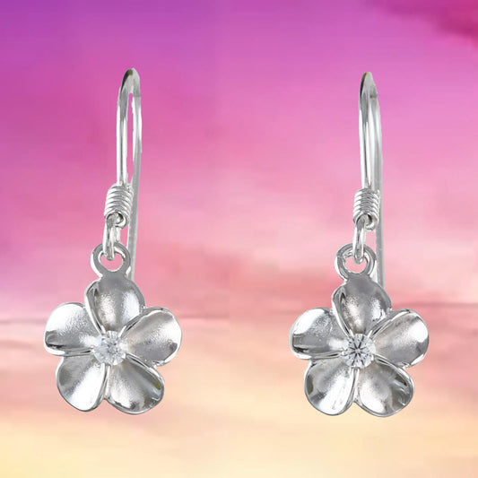 Pretty Hawaiian Small Plumeria Earring, Sterling Silver Plumeria Flower CZ Dangle Earring, E4004 Birthday Wife Mom Girl Mother Gift - Hawaii Treasures Shop