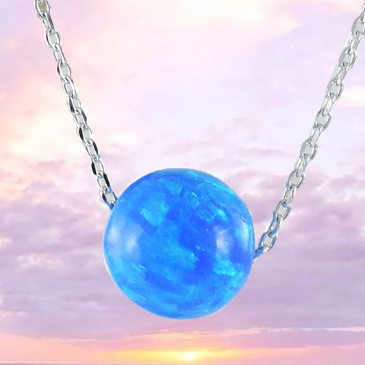 Unique Beautiful Hawaiian Blue Opal Earth Ball Necklace, Sterling Silver Blue Opal Earth Ball Necklace, N8393 Birthday Mom Mother Gift - Hawaii Treasures Shop