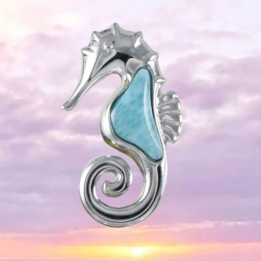 Unique Hawaiian Genuine Larimar Seahorse Necklace, Sterling Silver Larimar Seahorse Pendant, N8446 Birthday Valentine Wife Mom Gift - Hawaii Treasures Shop