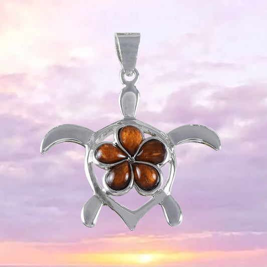 Beautiful Hawaiian Large Genuine Koa Wood Plumeria Sea Turtle Necklace, Sterling Silver Plumeria Turtle Pendant, N8507 Birthday Mom Gift - Hawaii Treasures Shop