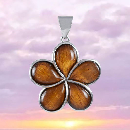 Unique Hawaiian Large Genuine Koa Wood Plumeria Necklace, Sterling Silver Plumeria Flower Pendant, N8511 Birthday Mother Mom Gift - Hawaii Treasures Shop