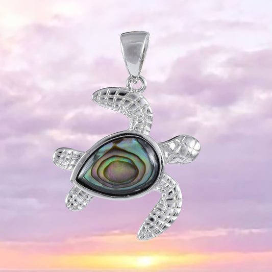 Collier unique en véritable coquille de paua hawaïenne avec pendentif tortue de mer en argent sterling et nacre d'ormeau, cadeau de Saint-Valentin, d'anniversaire ou de maman, N8529