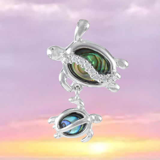 Unique Hawaiian Genuine Paua Shell Mom and Baby Sea Turtle Necklace, Sterling Silver Abalone MOP Turtle Pendant, N8531 Birthday Mom Gift - Hawaii Treasures Shop