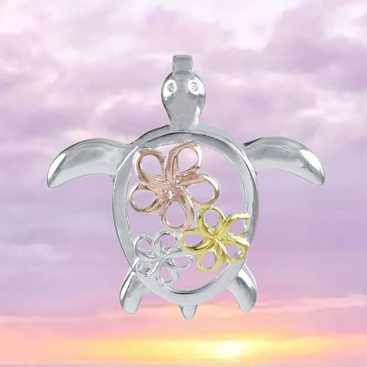 Beautiful Hawaiian Large Tri-color 3-tone Sea Turtle 3 Plumeria Necklace, Sterling Silver Turtle Plumeria Pendant N8552 Birthday Mom Gift - Hawaii Treasures Shop