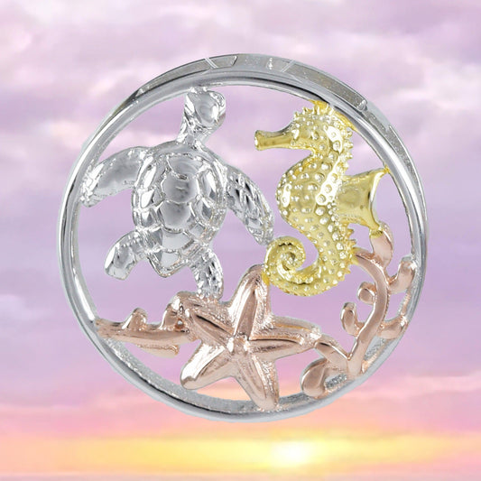 Beautiful Hawaiian Large Sea Turtle Seahorse Starfish Necklace, Sterling Silver Sea Turtle Pendant, N8553 Birthday Mother Mom Gift - Hawaii Treasures Shop