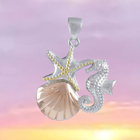 Unique Hawaiian Large Tri-color Starfish Seashell Seahorse Necklace, Sterling Silver Starfish Pendant, N8554 Birthday Mother Mom Gift - Hawaii Treasures Shop