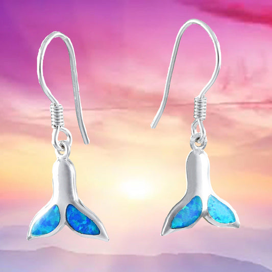 Pretty Hawaiian Blue Opal Whale Tail Earring, Sterling Silver Blue Opal Whale Tail Dangle Earring, E4024 Birthday Wife Mom Mother Gift - Hawaii Treasures Shop