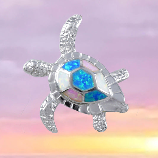 Gorgeous Hawaiian Large Tri-color Opal Sea Turtle Necklace, Sterling Silver Blue White Pink Opal Turtle Pendant, N8366 Birthday Mom Gift - Hawaii Treasures Shop