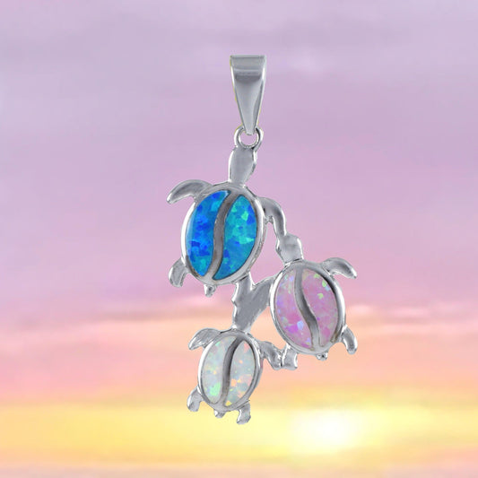 Unique Beautiful Hawaiian Mom & 2 Baby Sea Turtle Necklace, Sterling Silver Tri-color Opal Sea Turtle Family Pendant, N8369 Birthday Gift - Hawaii Treasures Shop