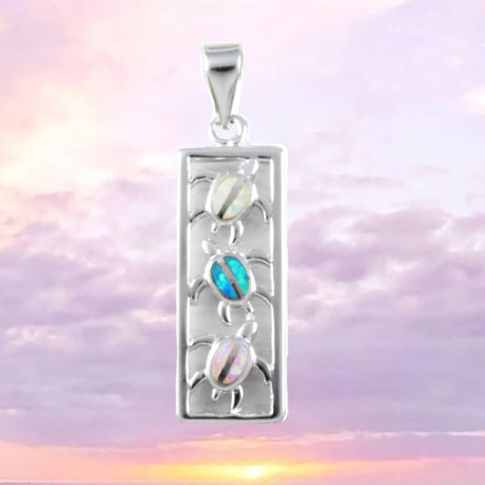 Beautiful Hawaiian Tri-color Opal 3 Sea Turtle Necklace, Sterling Silver Blue White Pink Opal 3 Turtle Barrel Charm Pendant, N8370 Mom Gift - Hawaii Treasures Shop