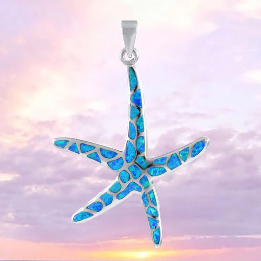 Gorgeous X-Large Hawaiian Blue Opal Starfish Necklace, Sterling Silver Blue Opal Star Fish Pendant, N8376 Birthday Mom Gift, Statement PC - Hawaii Treasures Shop