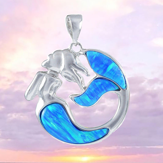 Unique Stunning Hawaiian Blue Opal Mermaid Necklace, Sterling Silver Blue Opal Mermaid Pendant, N8384 Birthday Mom Gift, Statement PC - Hawaii Treasures Shop