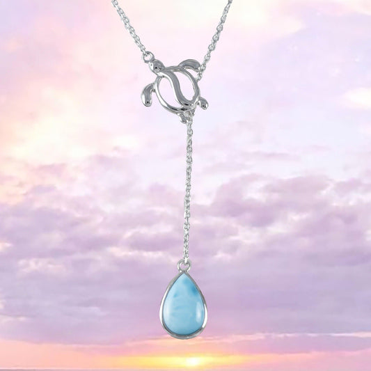 Unique Hawaiian Genuine Larimar Sea Turtle Rain Drop Necklace, Sterling Silver Larimar Turtle Lariat Necklace, N8433 Birthday Mom Gift - Hawaii Treasures Shop