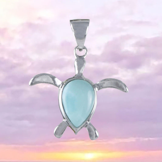 Unique Hawaiian Genuine Larimar Sea Turtle Necklace, Sterling Silver Larimar Turtle Pendant, N8437 Birthday Mother Wife Mom Gift - Hawaii Treasures Shop
